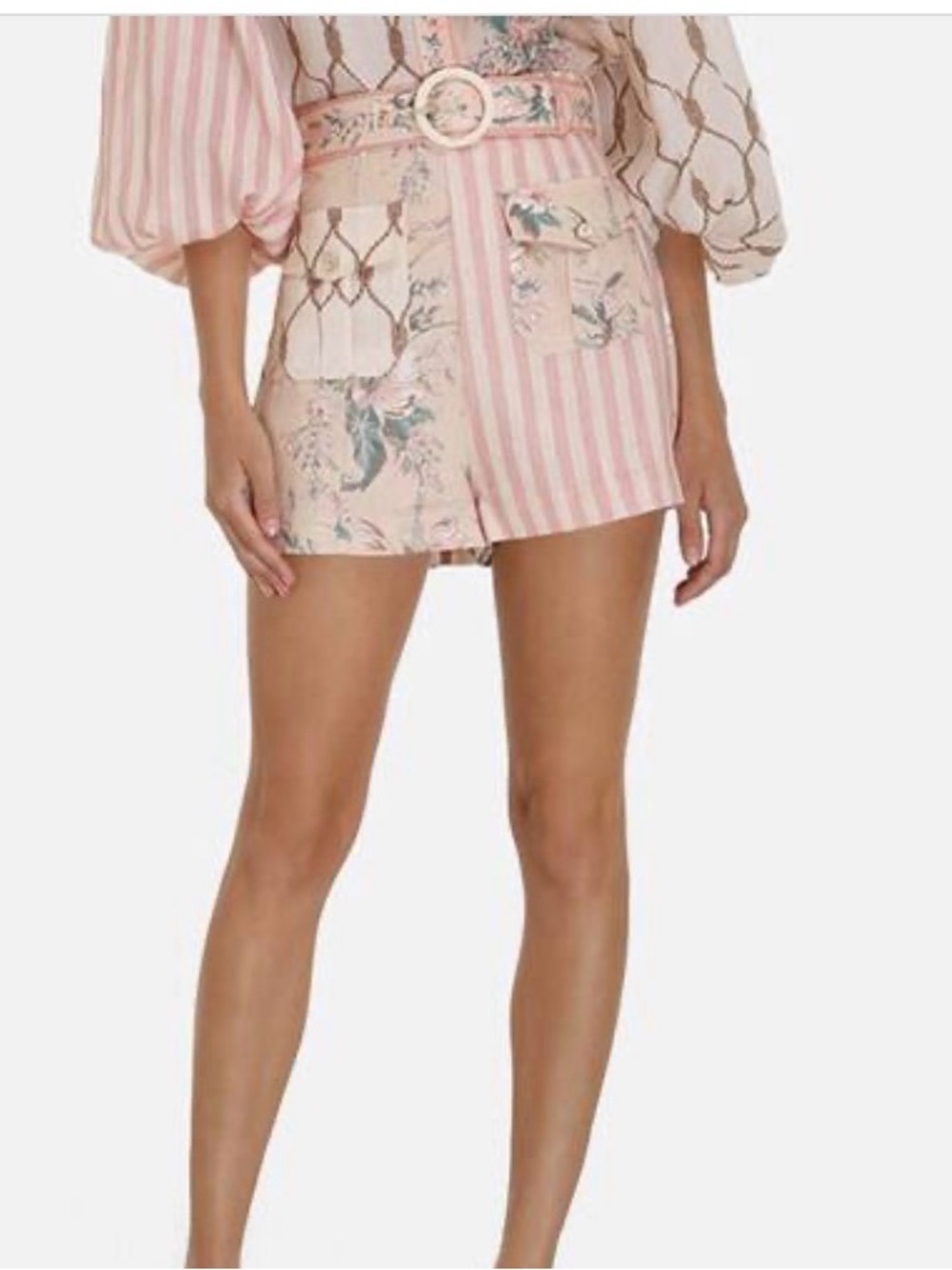 Zimmermann Moonshine Pink Patchwork High-Waist Floral & Stripe Shorts with Belt
